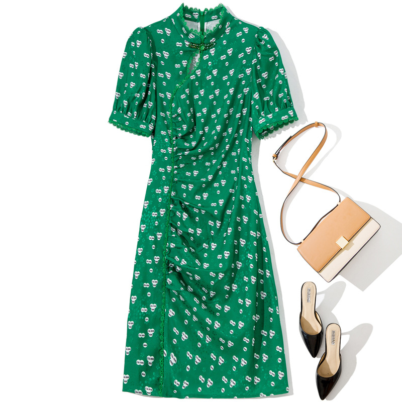 夏装新款气质字母印花抽褶搂空旗袍修身显瘦立领短袖连衣裙