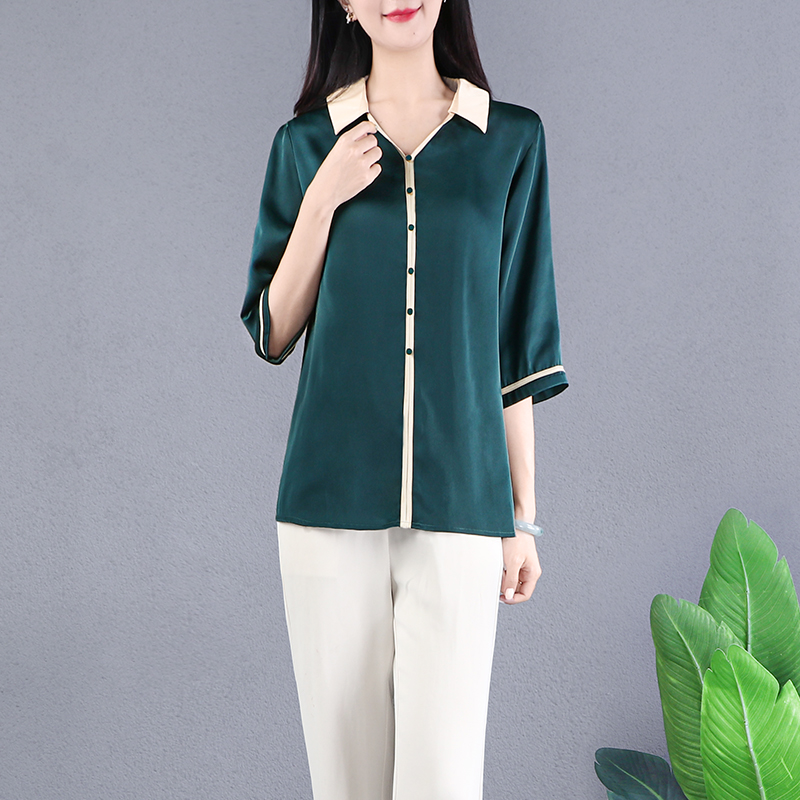 原创高端真丝缎面衬衫女宽松显瘦V领纯色夏季七分袖上衣