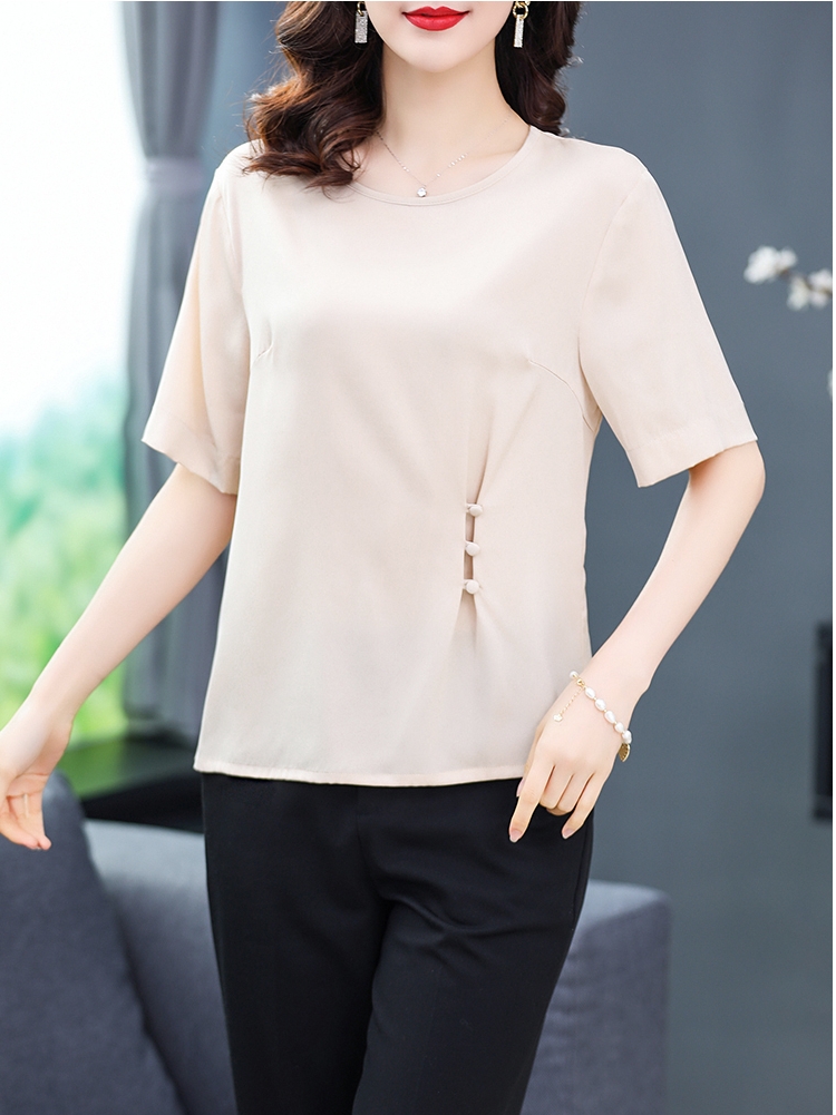 真丝短袖T恤衫洋气妈妈夏装圆领宽松桑蚕丝中老年女装上衣