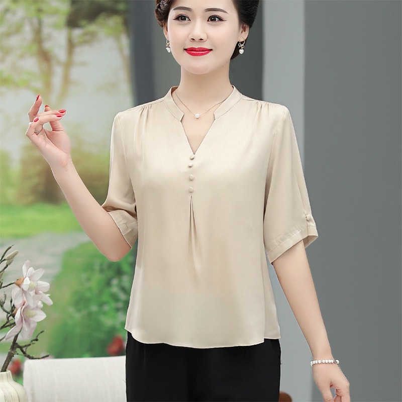 中老年妈妈夏装真丝V领衬衫女装阔太太洋气时尚桑蚕丝T恤遮肚小衫