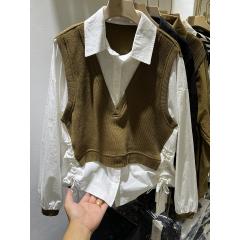 欧货翻领拼条纹假两件衬衫女秋装新款设计感抽绳显瘦减龄上衣