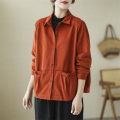 文艺复古盘扣口袋全棉休闲短外套女秋季纯色宽松大码夹克开衫上衣