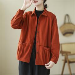 文艺复古盘扣口袋全棉休闲短外套女秋季纯色宽松大码夹克开衫上衣