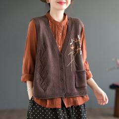 秋季新品针织棉线镂空马甲女士复古文艺大码宽松手工绣线马夹