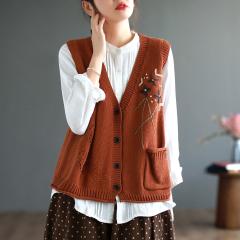 秋季新品针织棉线镂空马甲女士复古文艺大码宽松手工绣线马夹