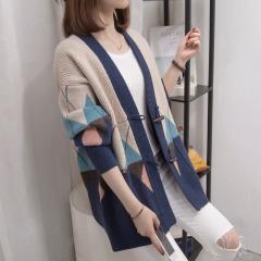 新款秋装毛衣外套女宽松慵懒风外穿上衣拼色显瘦春秋针织衫开衫