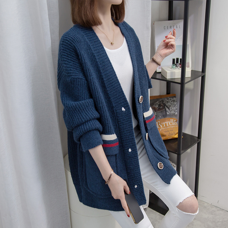 针织开衫女秋冬新款女装韩版宽松慵懒风上衣外穿中长款毛衣外套厚