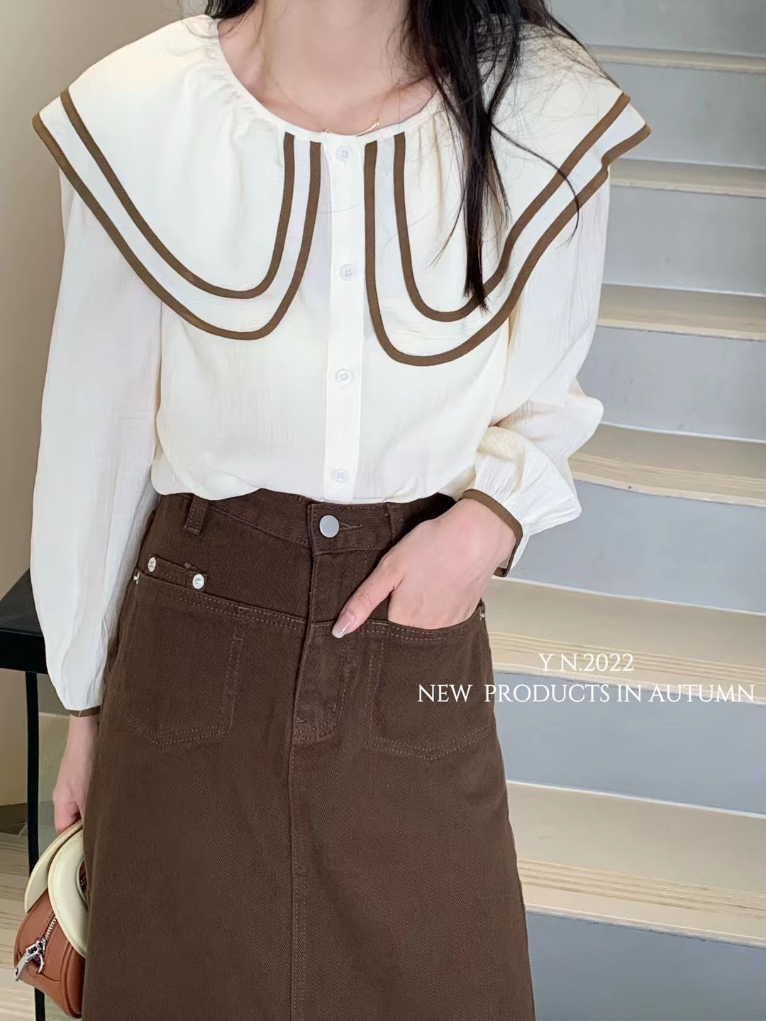 新款时尚百搭休闲简约双层娃娃领衬衫上衣