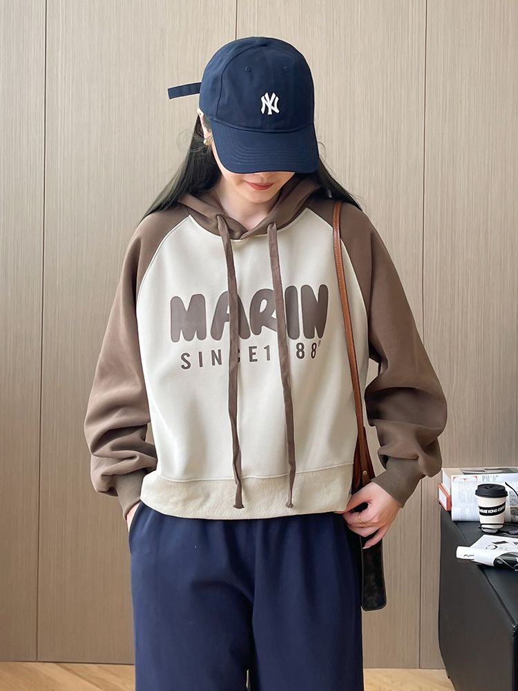 新款美式字母运动休闲拼色连帽卫衣女秋季上衣