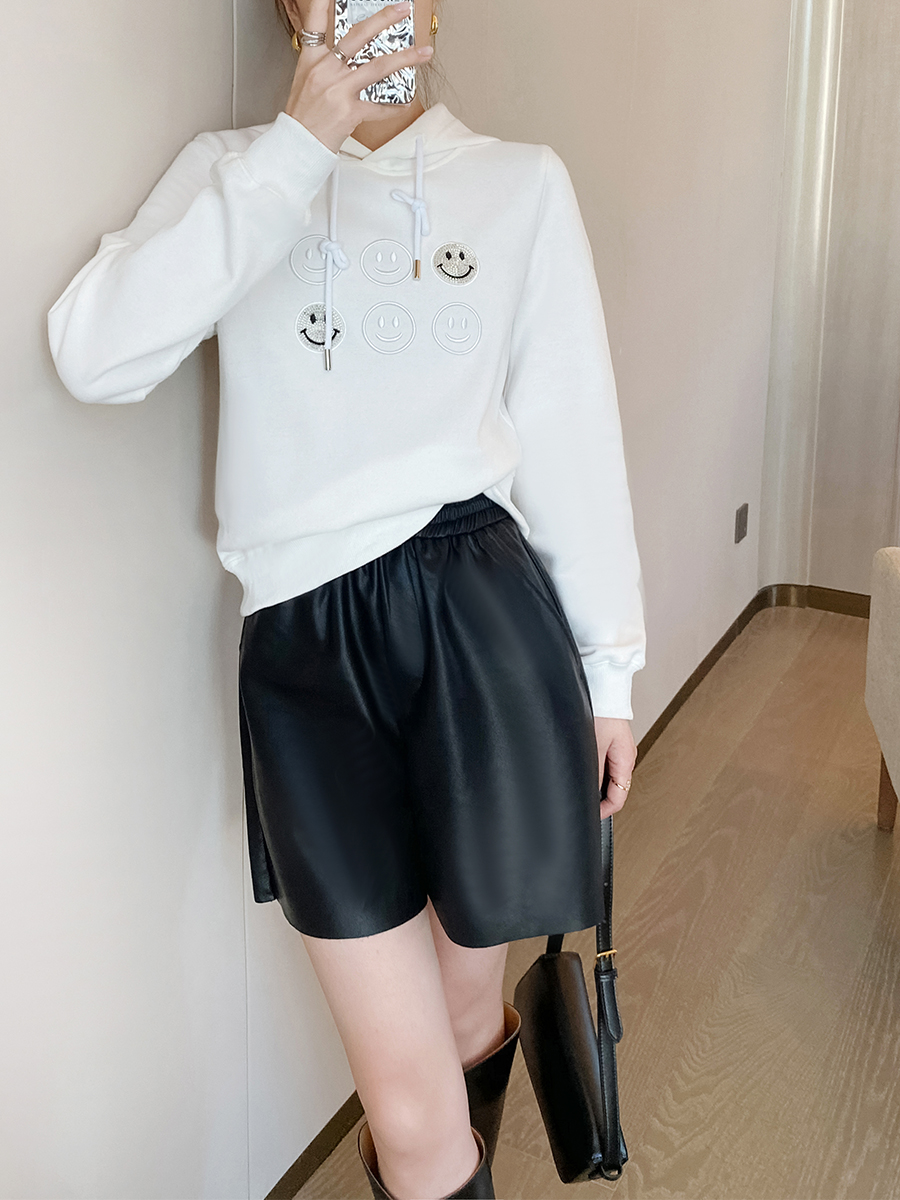 秋冬新款棕色PU皮直筒五分裤外穿皮裤宽松显瘦靴裤中裤女