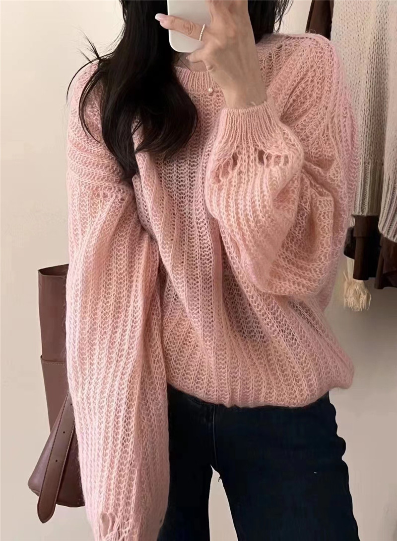 马海毛针织衫女欧洲站秋季宽松百搭粉嫩袖口破洞软糯毛衣