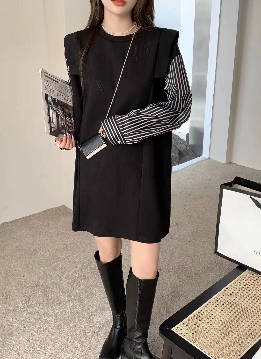 韩版条纹拼接卫衣裙假两件