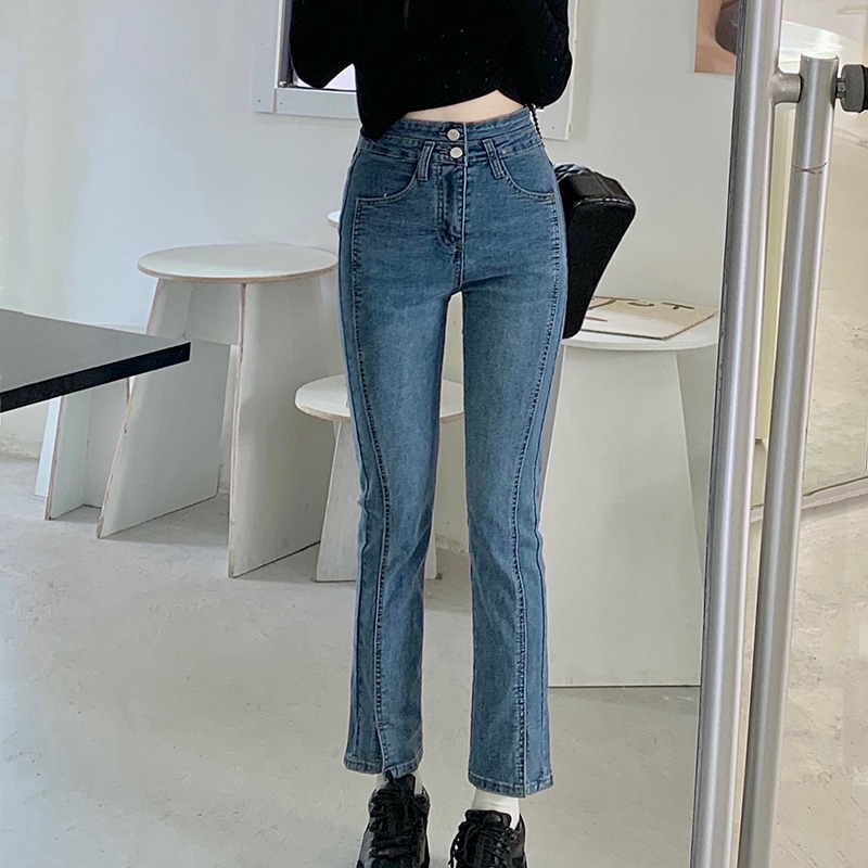 高腰开叉拉链显瘦牛仔裤秋季黑色气质学生新款设计感九分裤女