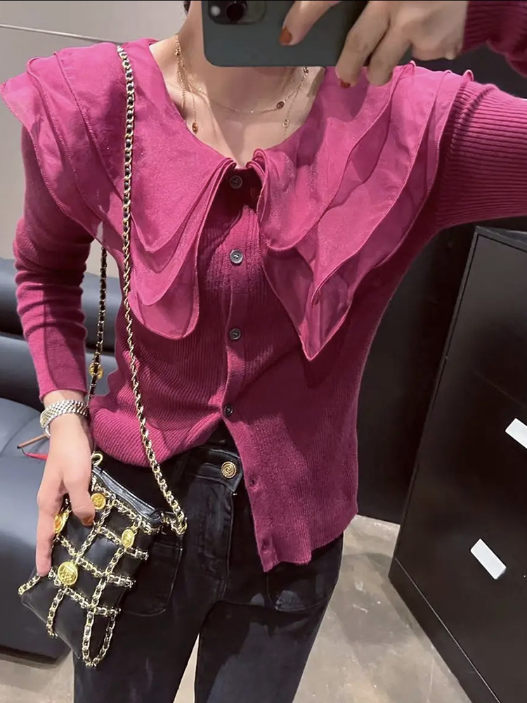 娃娃领梅红色针织开衫女新款欧货法式减龄修身气质百搭上衣女