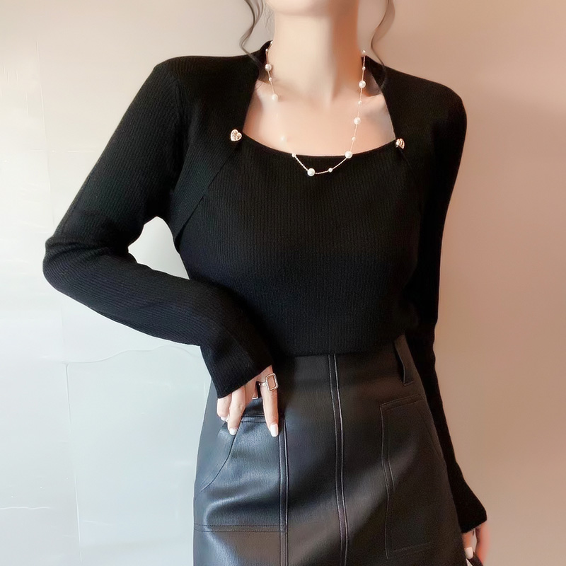 港风复古方领爱心纽扣披肩假两件上衣女秋季新款修身