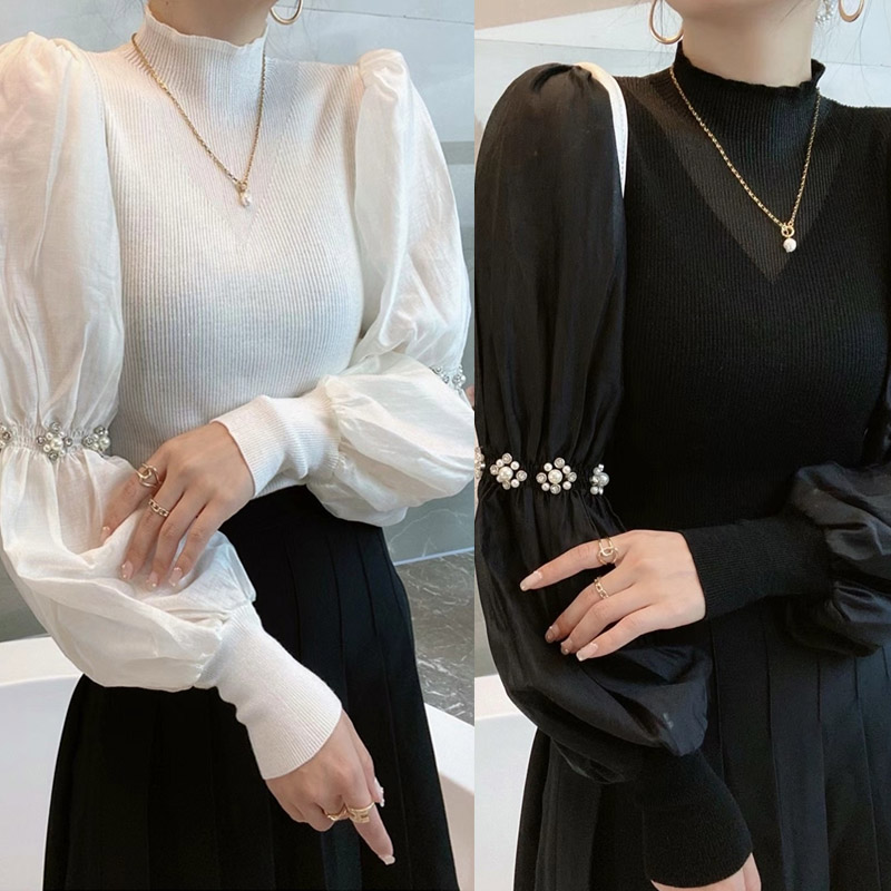 秋季新款欧货女装钉珠立领泡泡袖针织衫长袖羊毛针织衫