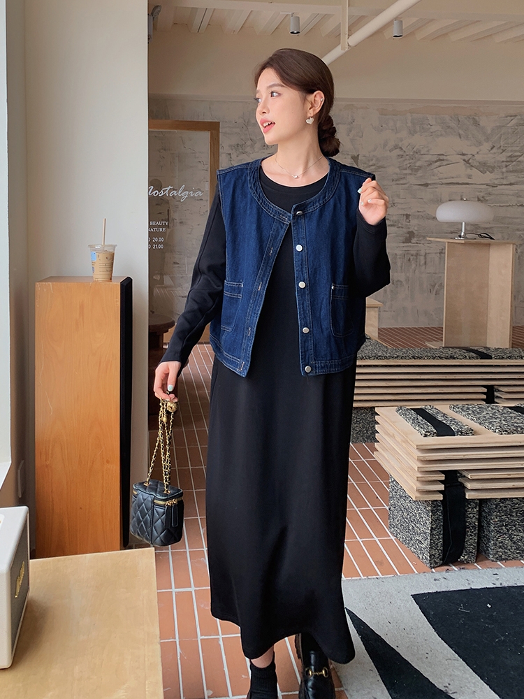 牛仔马甲连衣裙两件套秋新款韩系学院风少女穿搭长款T恤裙子