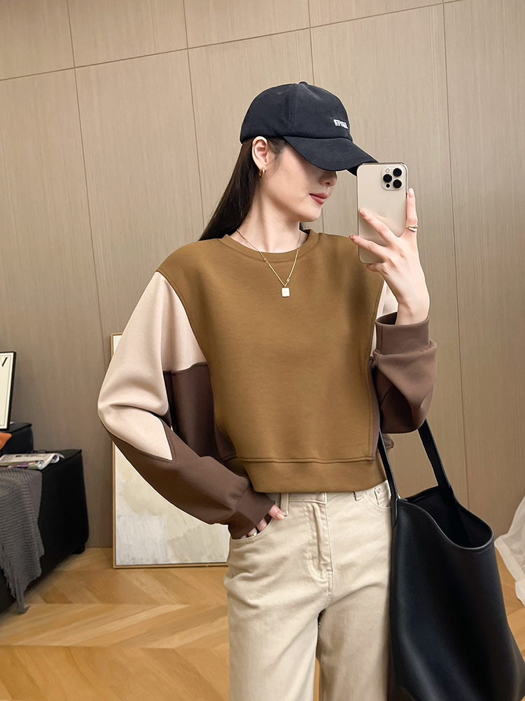 秋季新款撞色拼接设计感短款卫衣女
