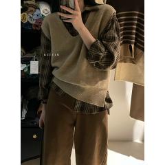 简约百搭v领浅杏色马甲秋季宽松休闲无袖针织衫背心女