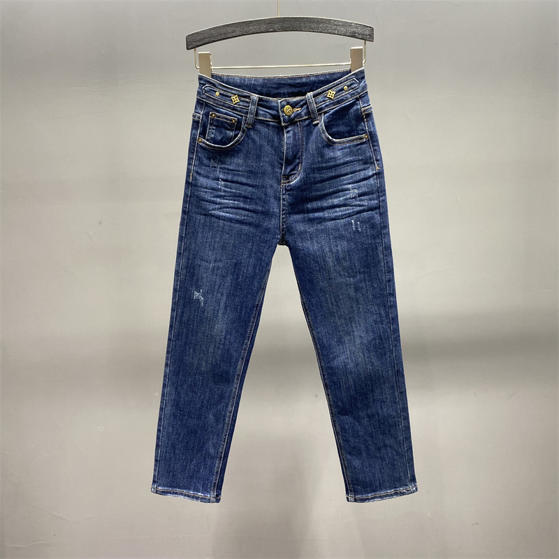 秋季新款高腰修身显瘦弹力九分蓝色烟管裤子