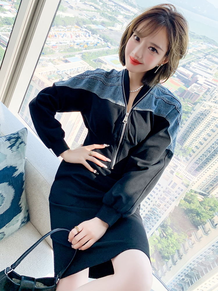 撞色拼接牛仔立领时尚拉链高腰显瘦卫衣连衣裙