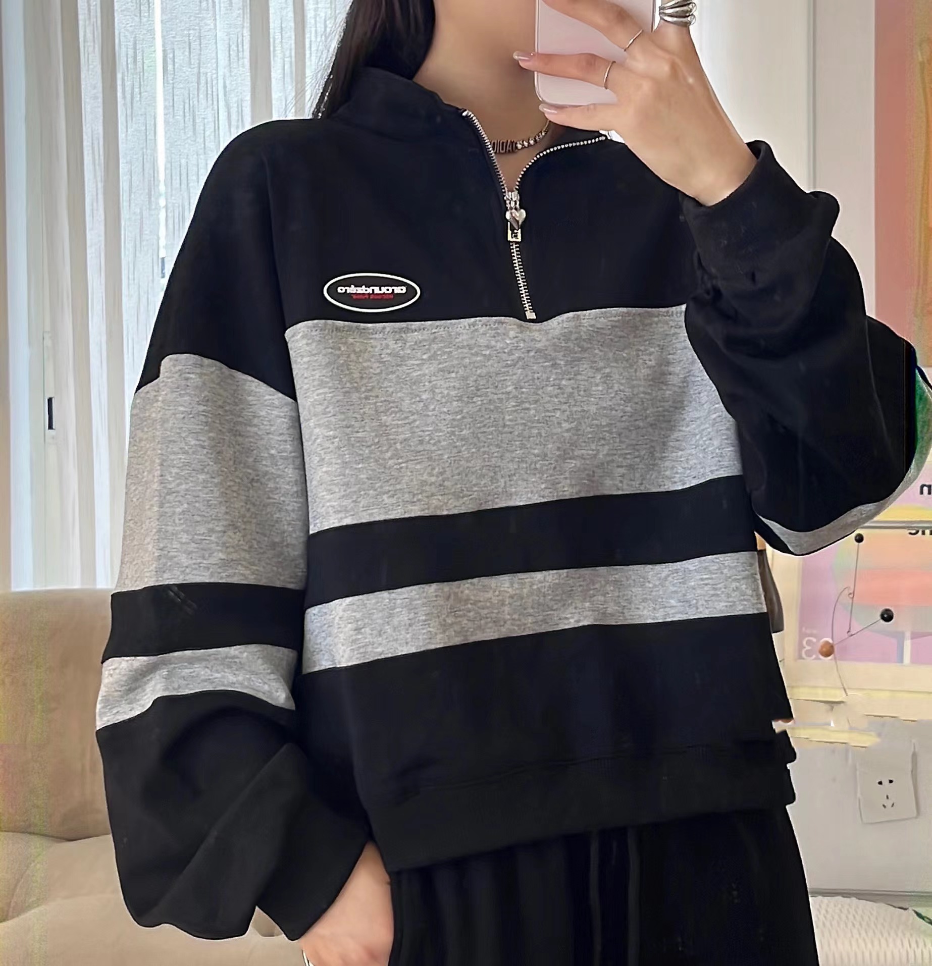 立领拼色卫衣宽松新款