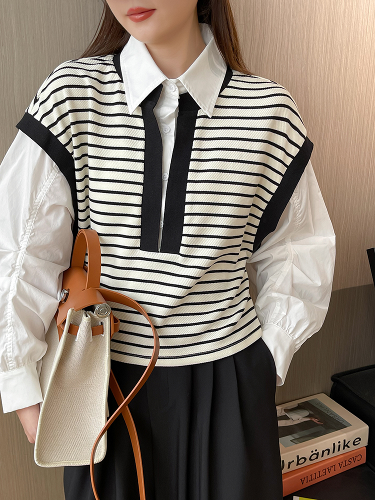 初秋新款长袖条纹拼接宽松假两件通勤衬衫女上衣