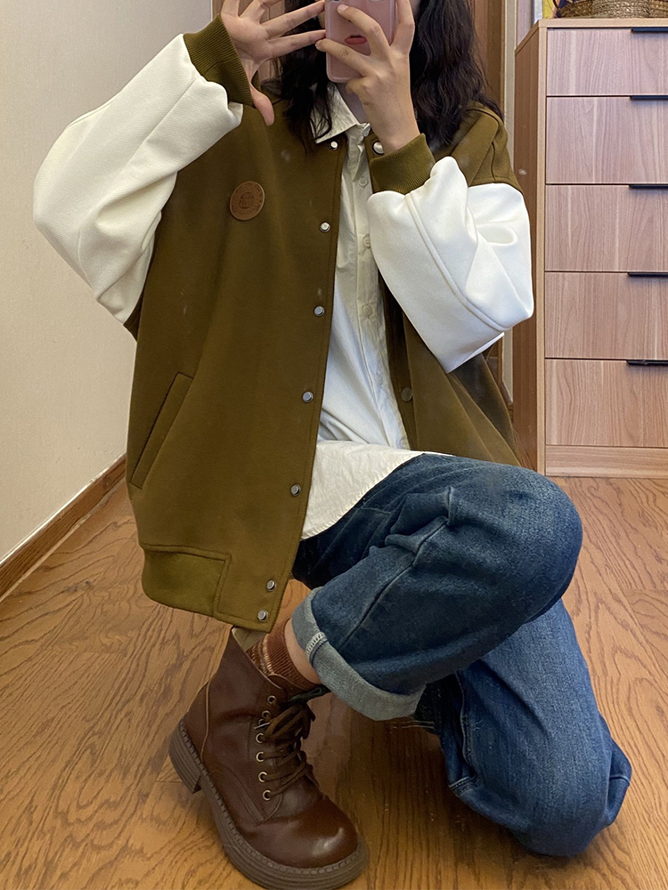 新款学院风撞色棒球服外套女宽松显瘦复古高级感情侣休闲夹克