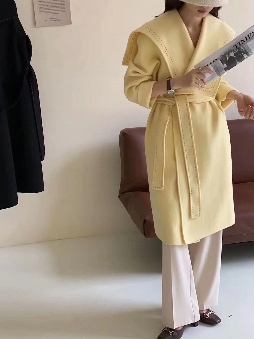 羊毛呢大衣海军领明线设计气质减龄外套