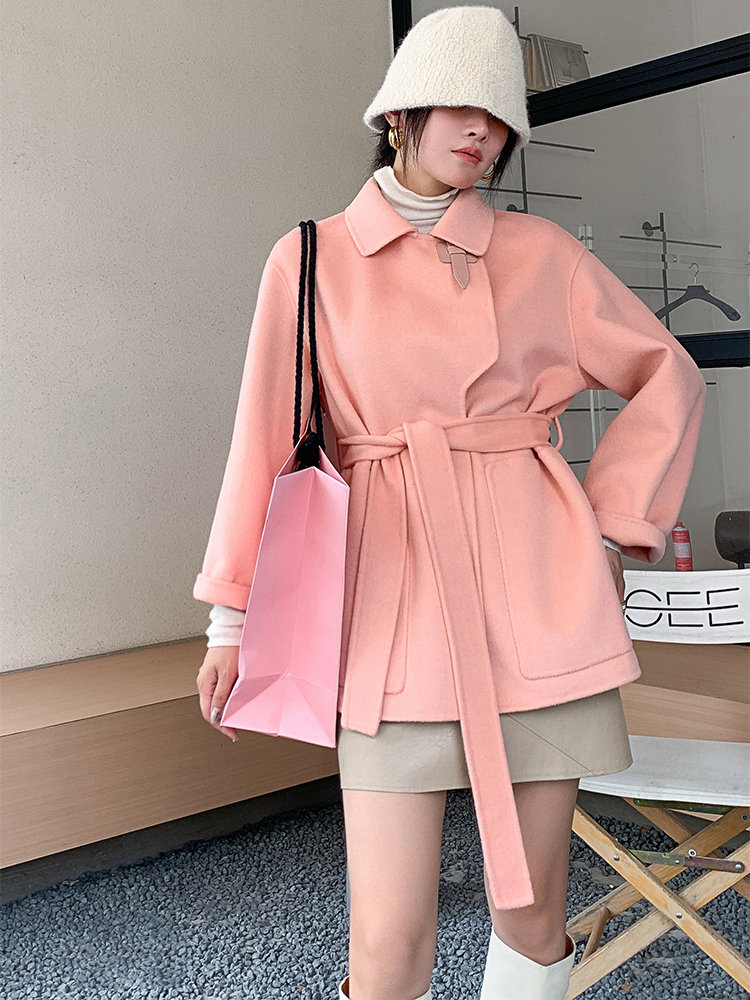 新款高级感宽松系带韩版羊毛呢子外套