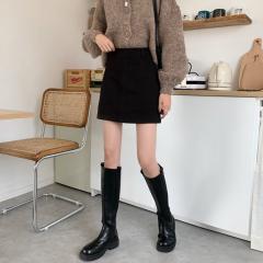 新款秋冬季小个子高腰毛呢裙子棕色包臀短裙