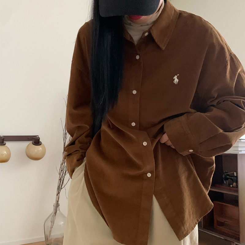 时尚POLO领长袖衬衫女单排扣气质简约百搭宽松上衣