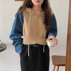 复古风炸街牛仔拼接毛衣短外套女秋季新款设计感显瘦连帽针织上衣