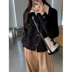 糖果撞色翻领灯芯绒短外套女秋季百搭宽松夹克小个子