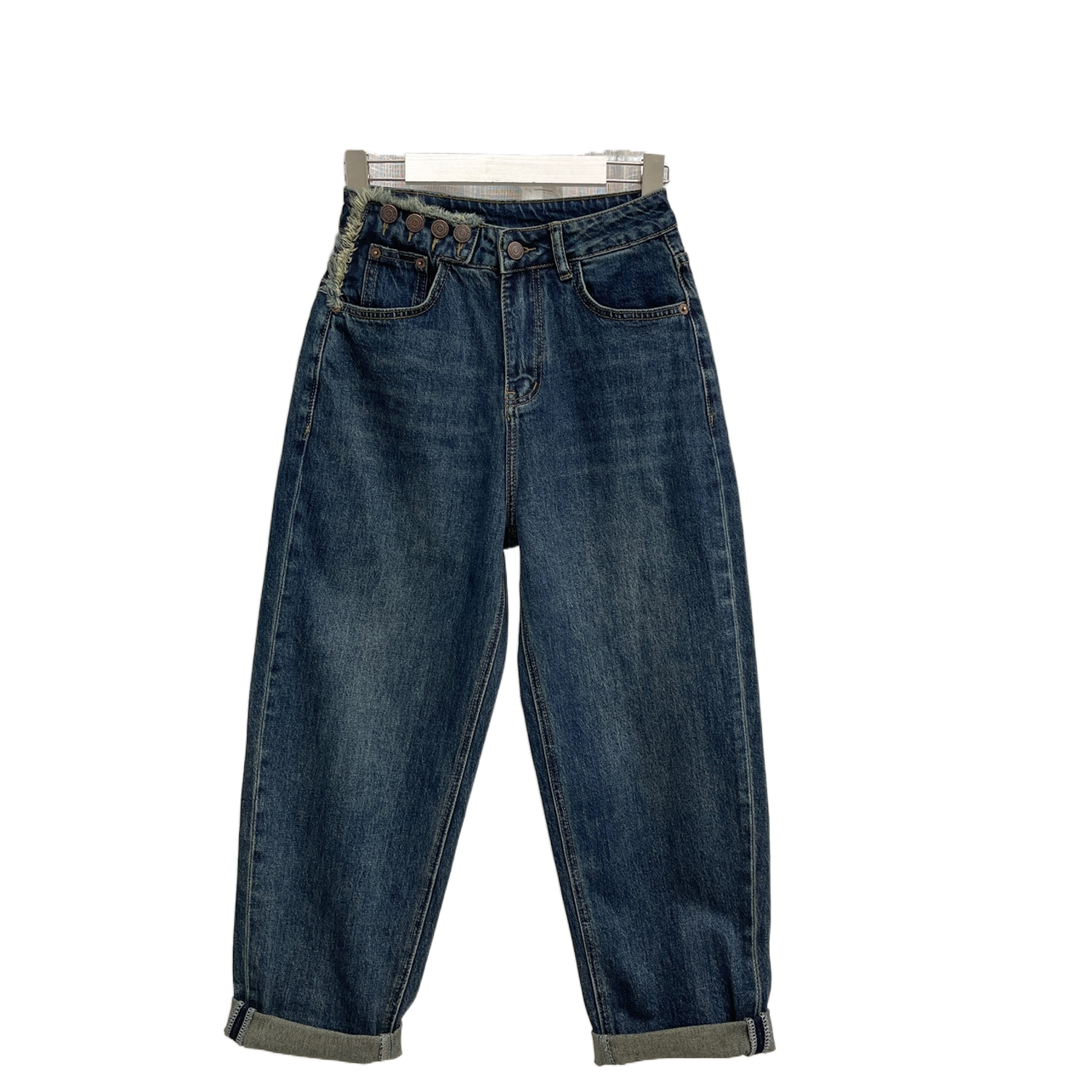 秋款新品纽扣显瘦九分牛仔哈伦裤垮裤老爹裤