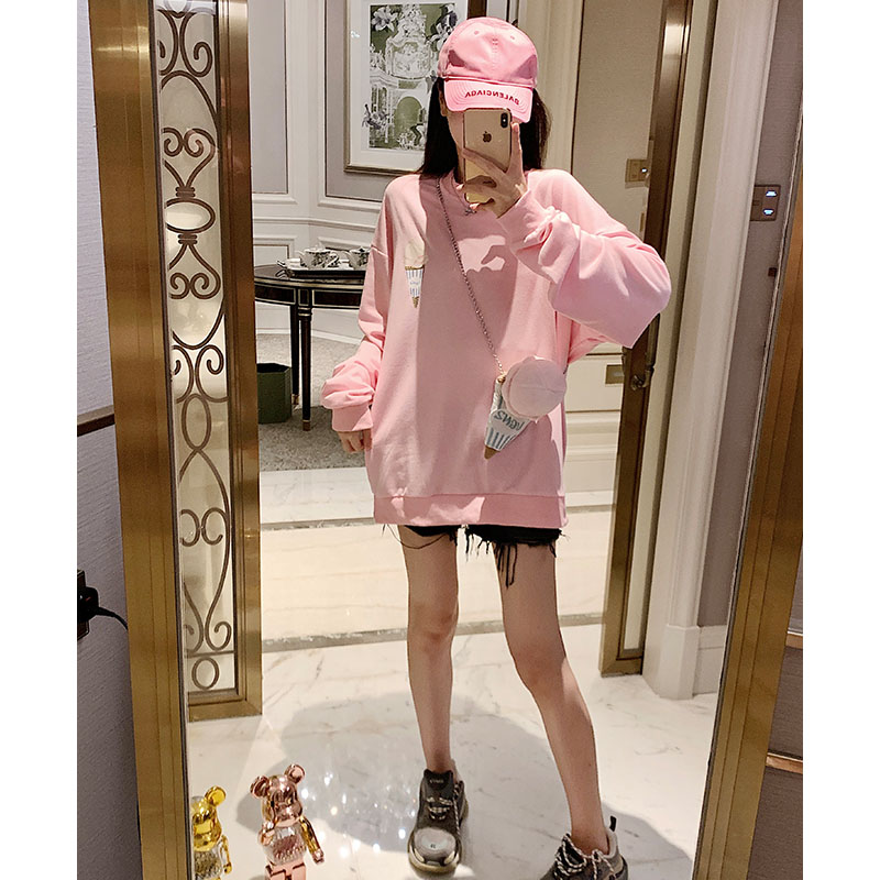 粉色无帽卫衣女新款早秋季中长款宽松正肩外套