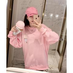粉色无帽卫衣女新款早秋季中长款宽松正肩外套