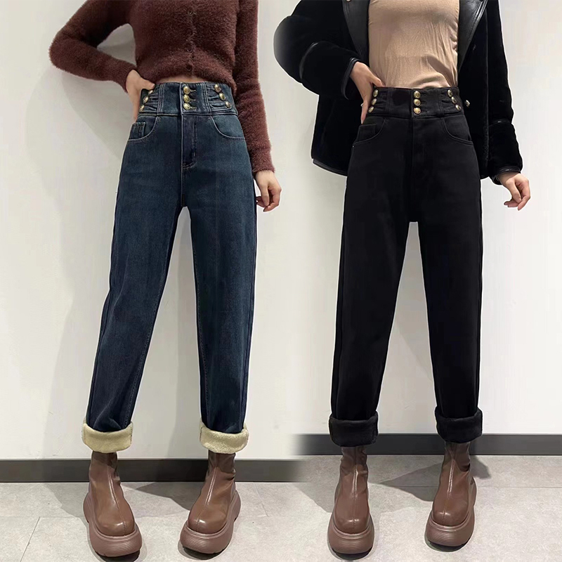 牛仔裤女秋冬季哈伦裤三排扣高腰加绒老爹萝卜裤