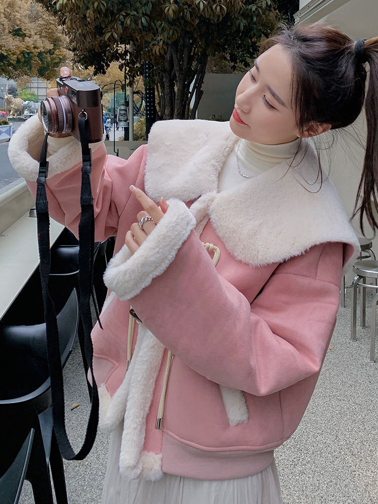 皮毛一体海军领羊羔毛外套女冬季新款韩系文艺风温柔棉衣棉服