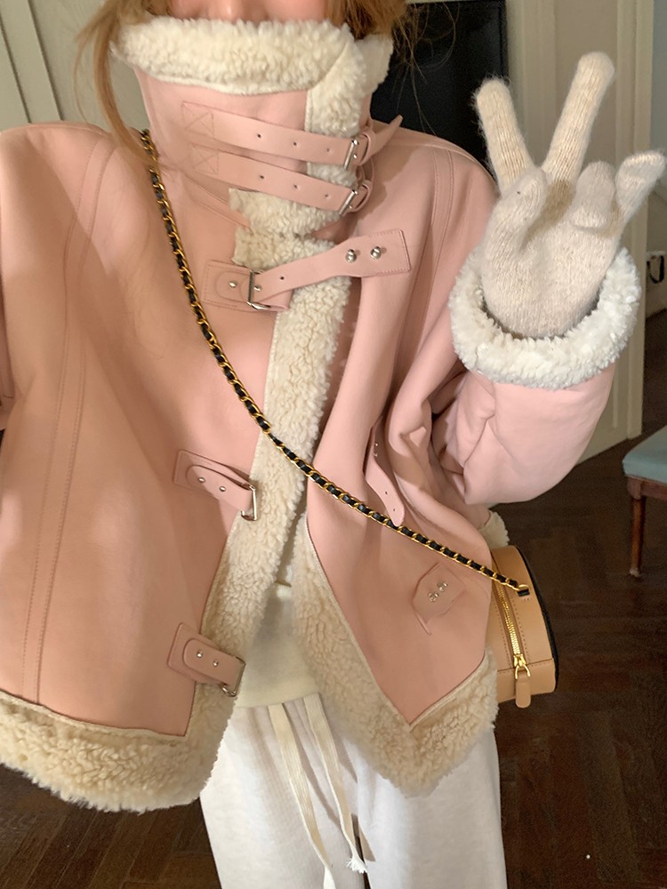 粉色羊羔毛机车服女拼接pu皮毛一体加厚小个子毛绒短外套冬季