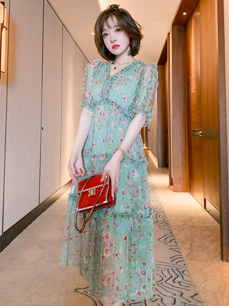 V领拼接木耳花边高腰优雅裙摆碎花连衣裙女装