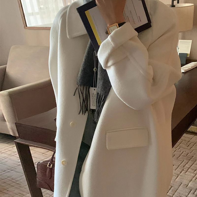 秋冬新款中长款单排扣双面羊绒大衣女纯色翻领毛呢外套