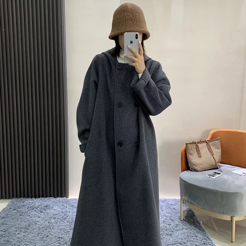 新款灰色双面羊绒大衣女中长款连帽宽松双排扣毛呢外套