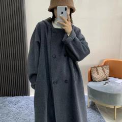 新款灰色双面羊绒大衣女中长款连帽宽松双排扣毛呢外套
