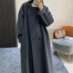 新款灰色双面羊绒大衣女中长款连帽宽松双排扣毛呢外套