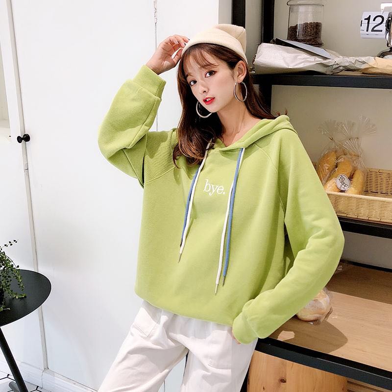 2019秋款pomelo刺绣字母纯色彩绳宽松大版螺纹棉九分袖卫衣帽衫女