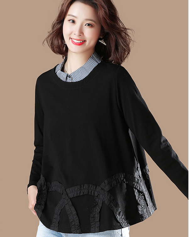 黑色长袖t恤女宽松韩版打底a字型上衣女2019新款初秋