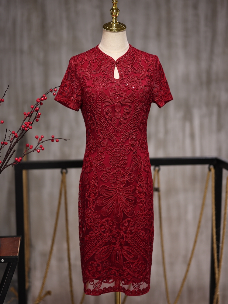 新款喜妈妈高贵高档婚宴旗袍礼服深酒红色中长款夏