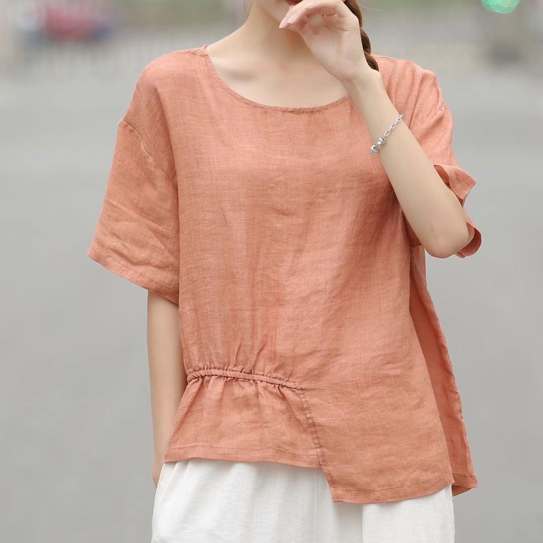 纯亚麻苎麻女装夏季圆领文艺抽绳纯色棉麻短袖女上衣
